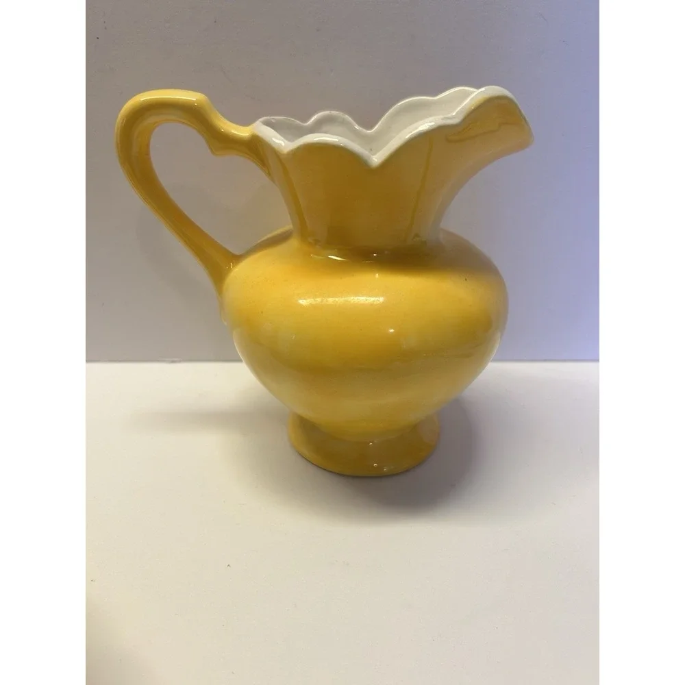 Vintage Pitcher Wash Basin Matching Bowl Set Yellow And Hand Panted Candlesticks